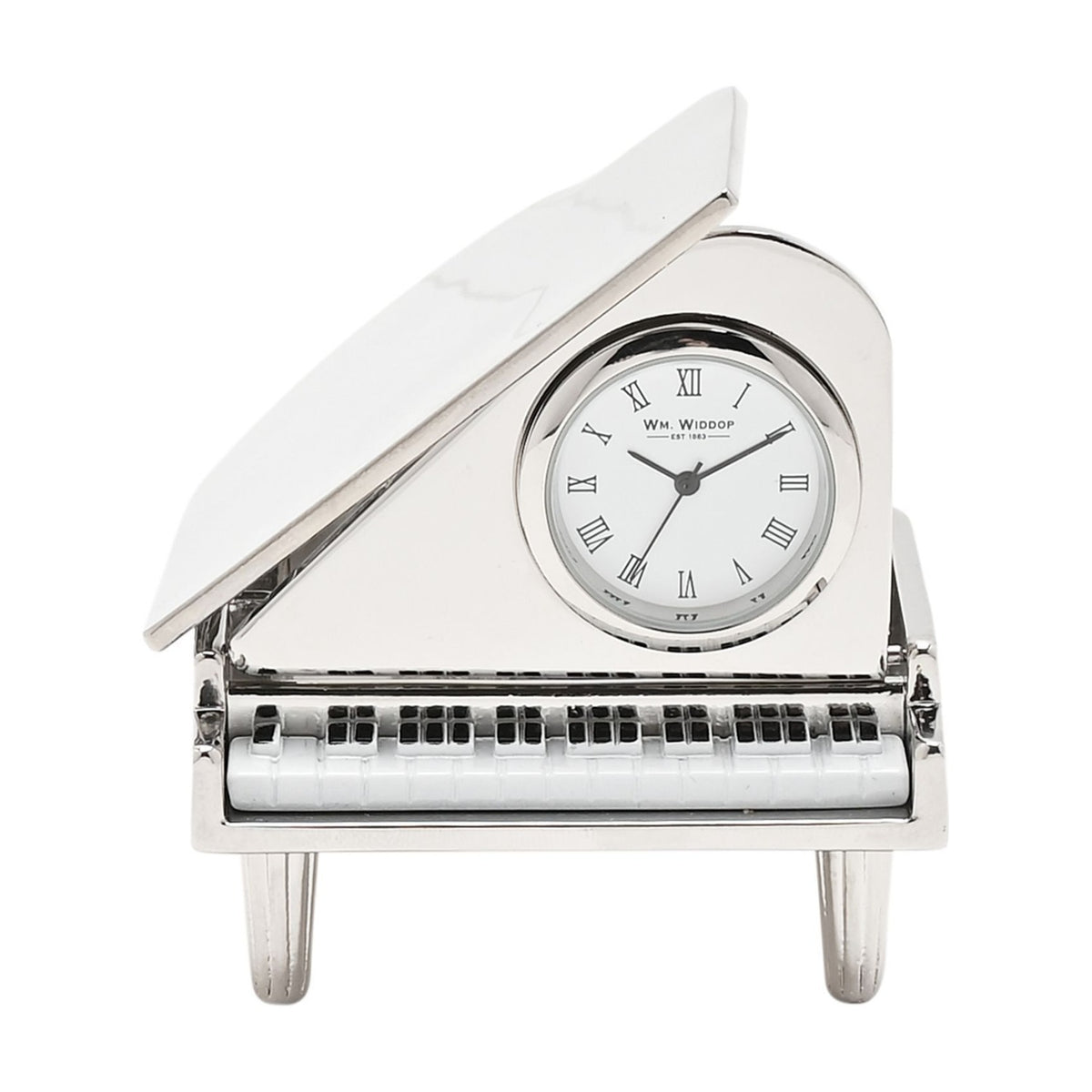 Miniature Grand Piano Shiny Metal Mantel Clock - Silver