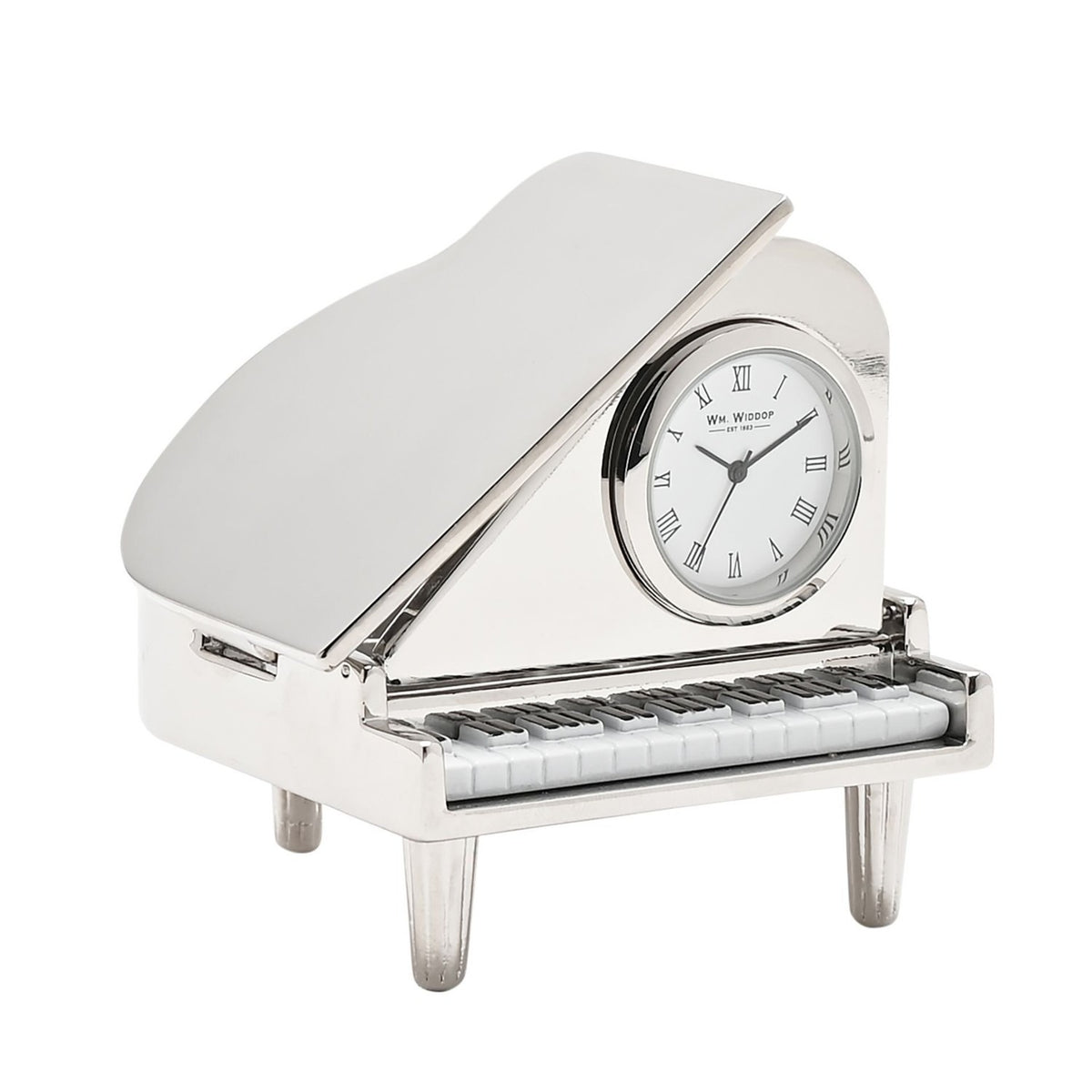 Miniature Grand Piano Shiny Metal Mantel Clock - Silver