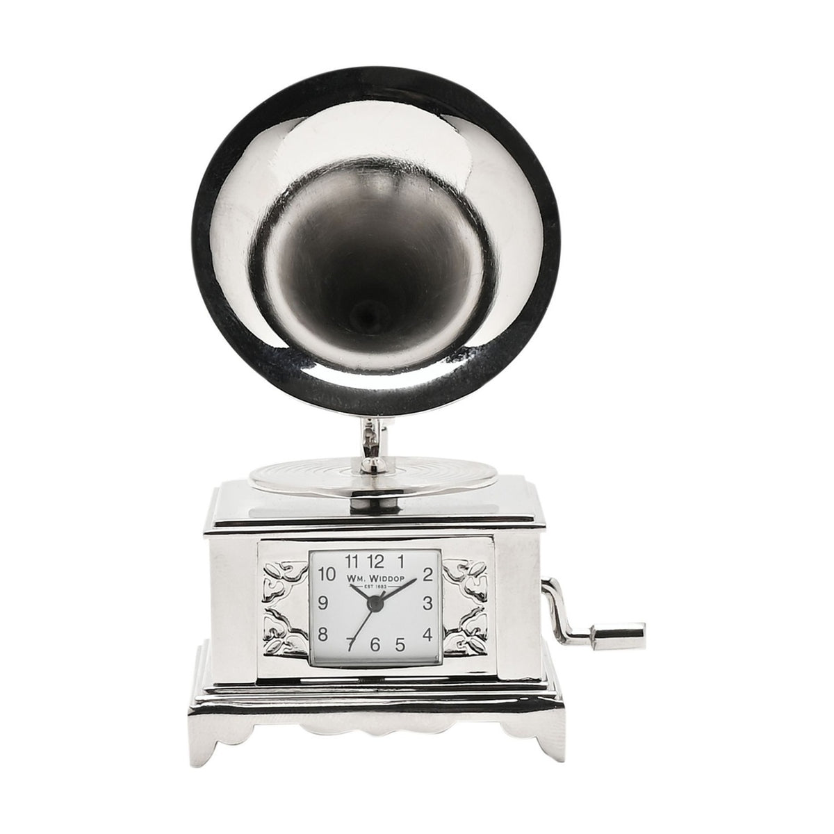 Miniature Gramophone Metal Mantel Clock with Crank - Silver