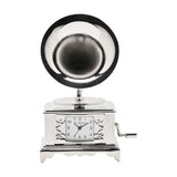 Miniature Gramophone Metal Mantel Clock with Crank - Silver