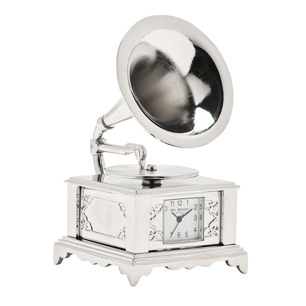 Miniature Gramophone Metal Mantel Clock with Crank - Silver