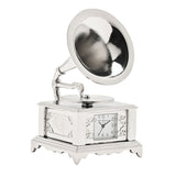 Miniature Gramophone Metal Mantel Clock with Crank - Silver