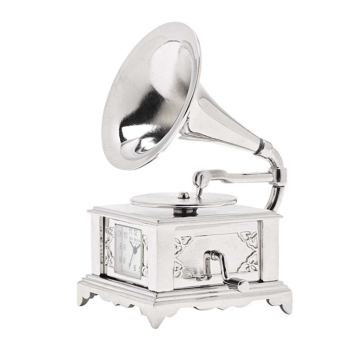 Miniature Gramophone Metal Mantel Clock with Crank - Silver