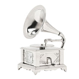 Miniature Gramophone Metal Mantel Clock with Crank - Silver