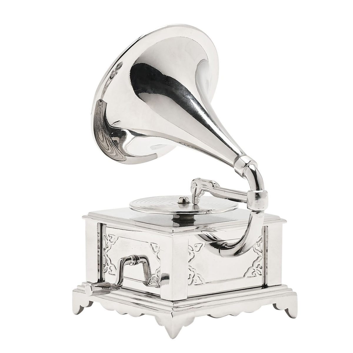 Miniature Gramophone Metal Mantel Clock with Crank - Silver