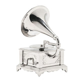Miniature Gramophone Metal Mantel Clock with Crank - Silver