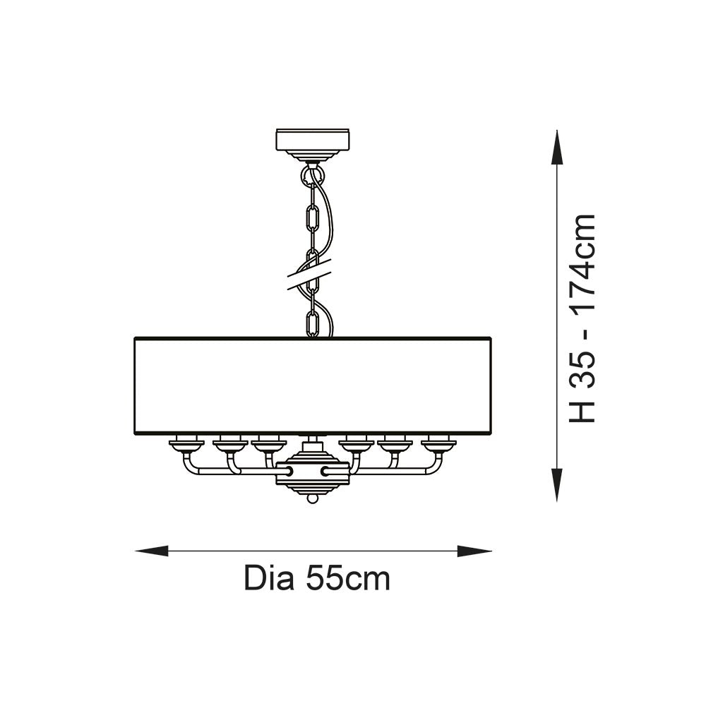 Dimensioned diagram of the Endon Brenley V1 6 Light Pendant showing 55cm diameter and adjustable 35–174cm drop on a chain.