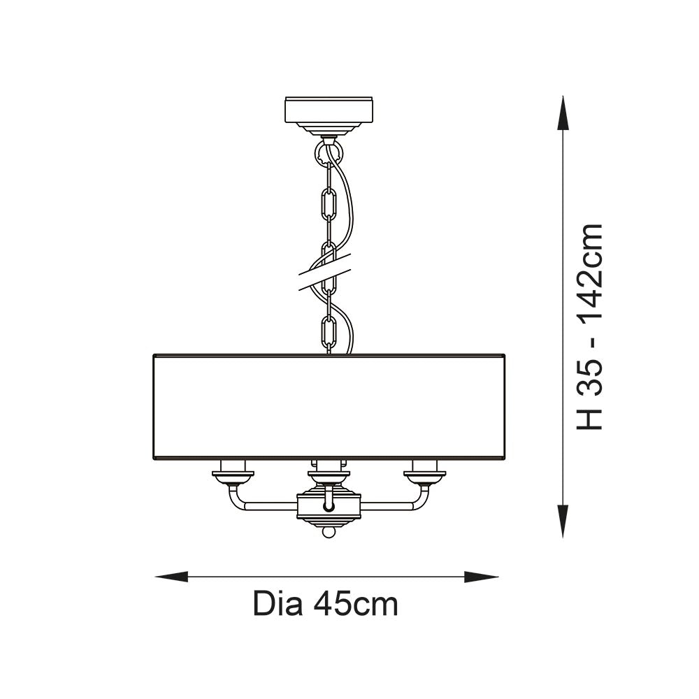 Dimension diagram of Endon Brenley 3 Light Pendant showing 45cm diameter shade and adjustable height from 35 to 142cm on a chain suspension.