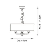 Dimension diagram of Endon Brenley 3 Light Pendant showing 45cm diameter shade and adjustable height from 35 to 142cm on a chain suspension.