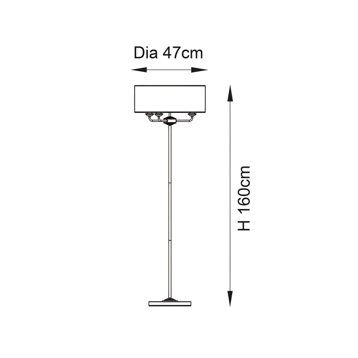Dimensions diagram of the Endon Brenley 3 light floor lamp showing a 47cm diameter shade and 160cm height on a plain white background.