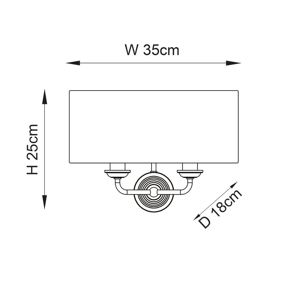 Dimension diagram of the Endon Brenley 2 Light Wall Light showing 35cm width, 25cm height and 18cm projection on a white background.
