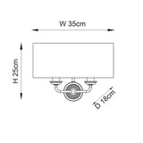 Dimension diagram of the Endon Brenley 2 Light Wall Light showing 35cm width, 25cm height and 18cm projection on a white background.