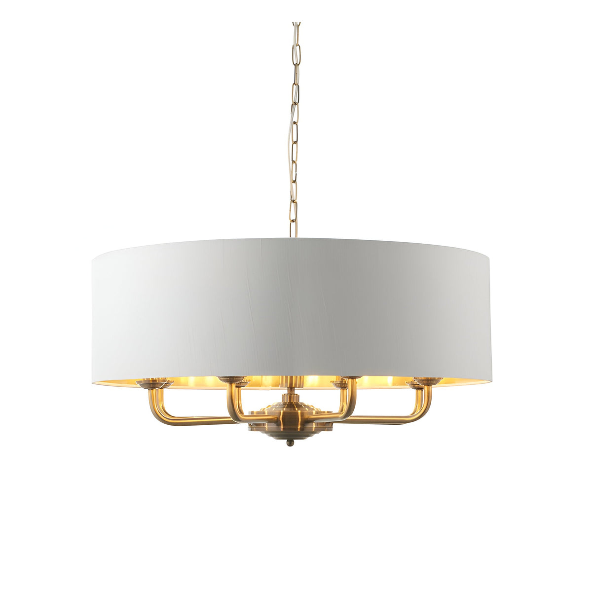 Endon Brenley pendant light with antique brass multi-arm frame and white drum shade with gold-lined interior, suspended from a chain on a white background.