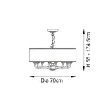 Dimensioned line drawing of the Endon Brenley 8 light pendant showing 70cm diameter and adjustable 55–174.5cm height on a white background.