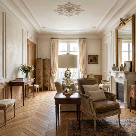 Elegant living room with ornate ceiling, herringbone wood floor, fireplace, large gold-framed mirror, armchairs, side tables topped with the Zerava 1 Light Faceted Marble Table Lamp in Black & Green, floral arrangements, and tall windows with cream curtains.