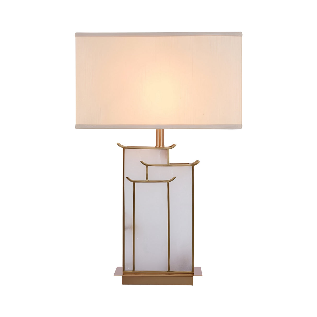 The Veliora 1 Light Framed Alabaster Table Lamp in brass and soft white features a geometric gold and frosted glass base with a rectangular white shade, showcasing clean lines and minimalist design against a white background.