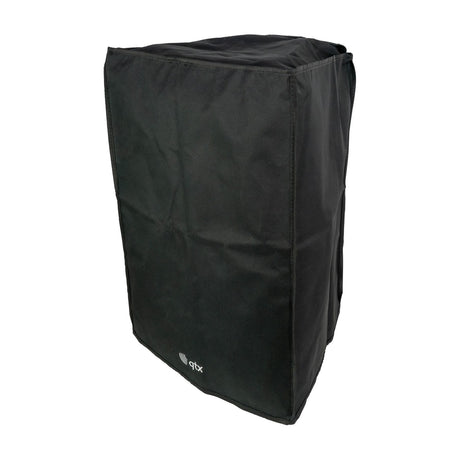 QTX QR15 water-resistant speaker slip cover in black fabric with logo patch, fitted over a rectangular speaker cabinet on a white background.