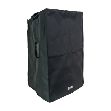 QTX QR15 water-resistant speaker slip cover in black fabric with side handle cutout and logo, shown on a plain white background.