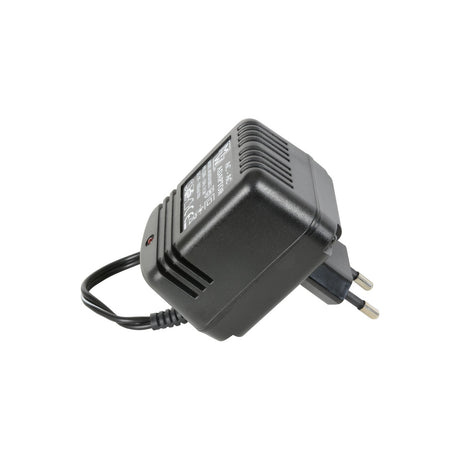 Mercury DC0910EU 9Vac 1000mA power supply by AVSL, a black plug-in mains adapter with EU-style pins and attached DC output cable, on a white background.