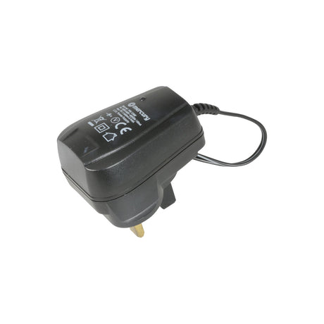 Mercury 9Vdc 660mA replacement power supply adaptor in black plastic with UK three-pin plug and short output cable, shown on a white background.