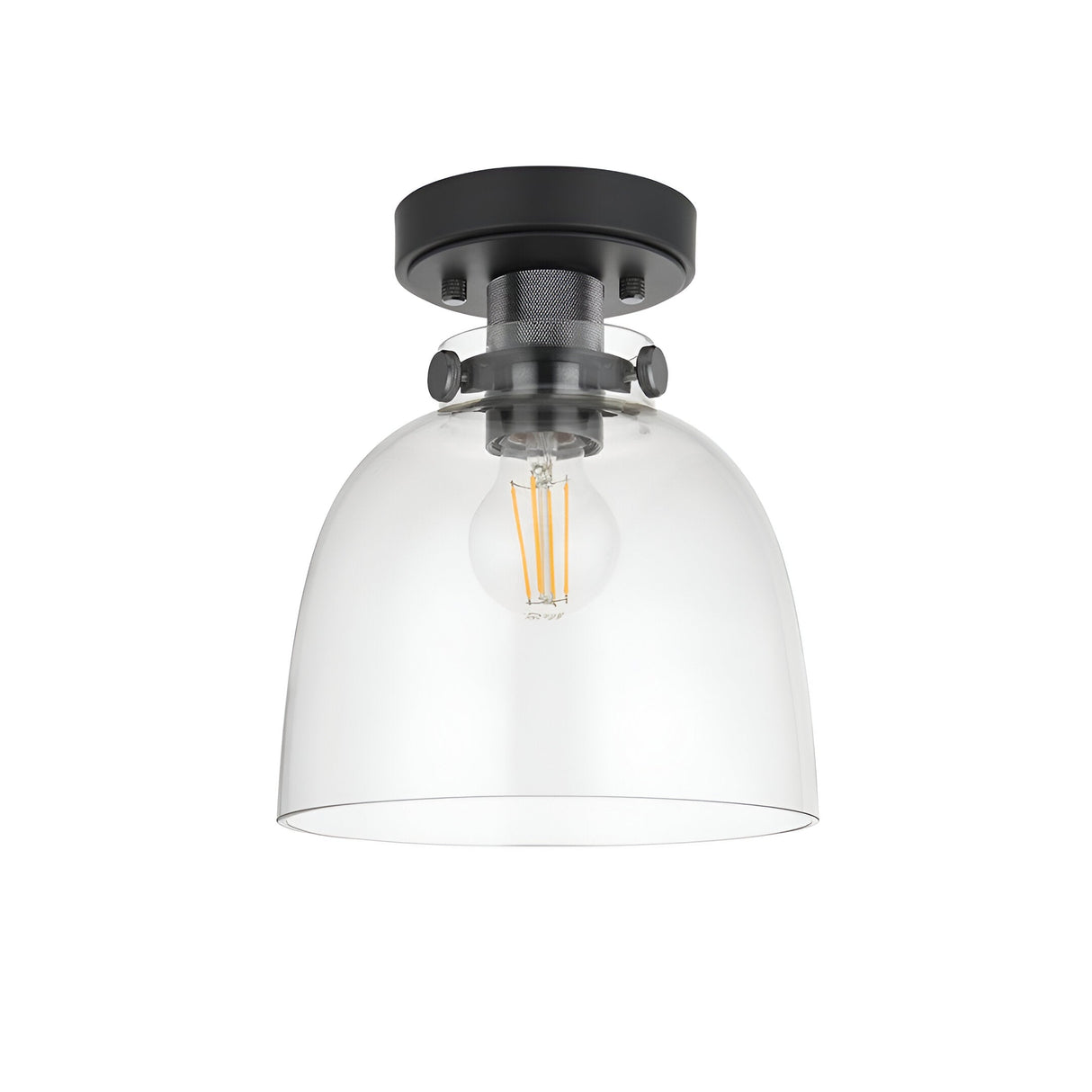 Endon Camden flush ceiling light in matt black with a compact clear glass dome shade and single E27 filament bulb, shown on a white background.
