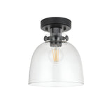 Endon Camden flush ceiling light in matt black with a compact clear glass dome shade and single E27 filament bulb, shown on a white background.
