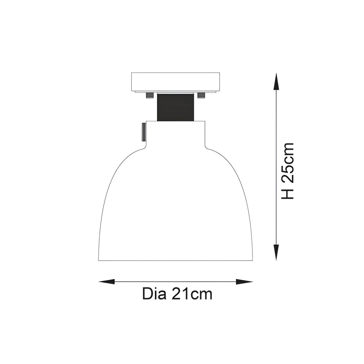 Dimensions diagram of the Endon Camden matt black flush ceiling light showing a 21cm diameter dome shade and 25cm height on a white background.