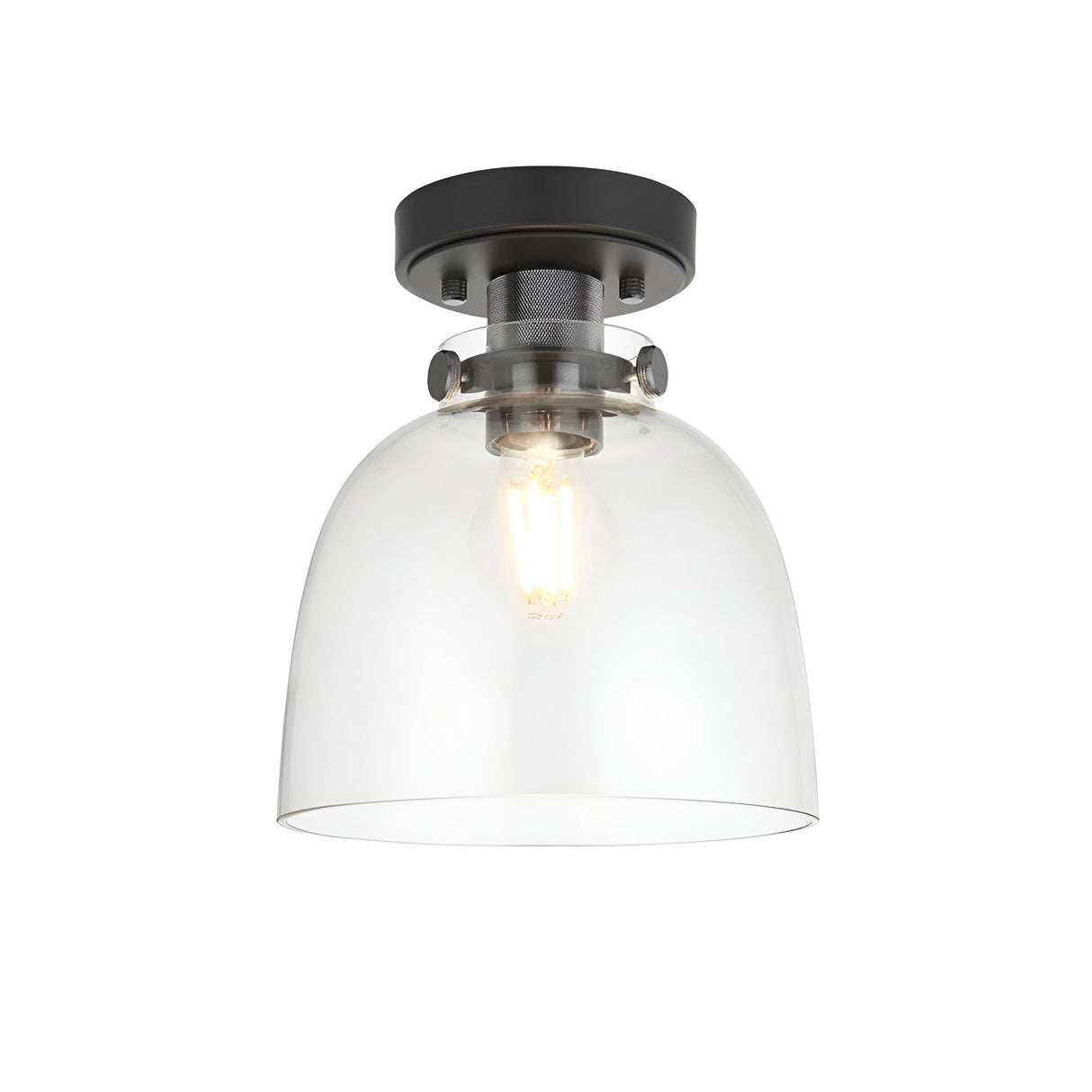 Endon Camden flush ceiling light in matt black with a compact clear glass dome shade and single E27 lamp, shown on a plain white background.