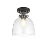 Endon Camden flush ceiling light in matt black with a compact clear glass dome shade and single E27 lamp, shown on a plain white background.