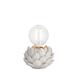 Aldgrove Table Lamp - Antique Brass, a small ceramic artichoke-shaped base with oatmeal crackle glaze, holding an exposed E27 bulb on a plain white background.