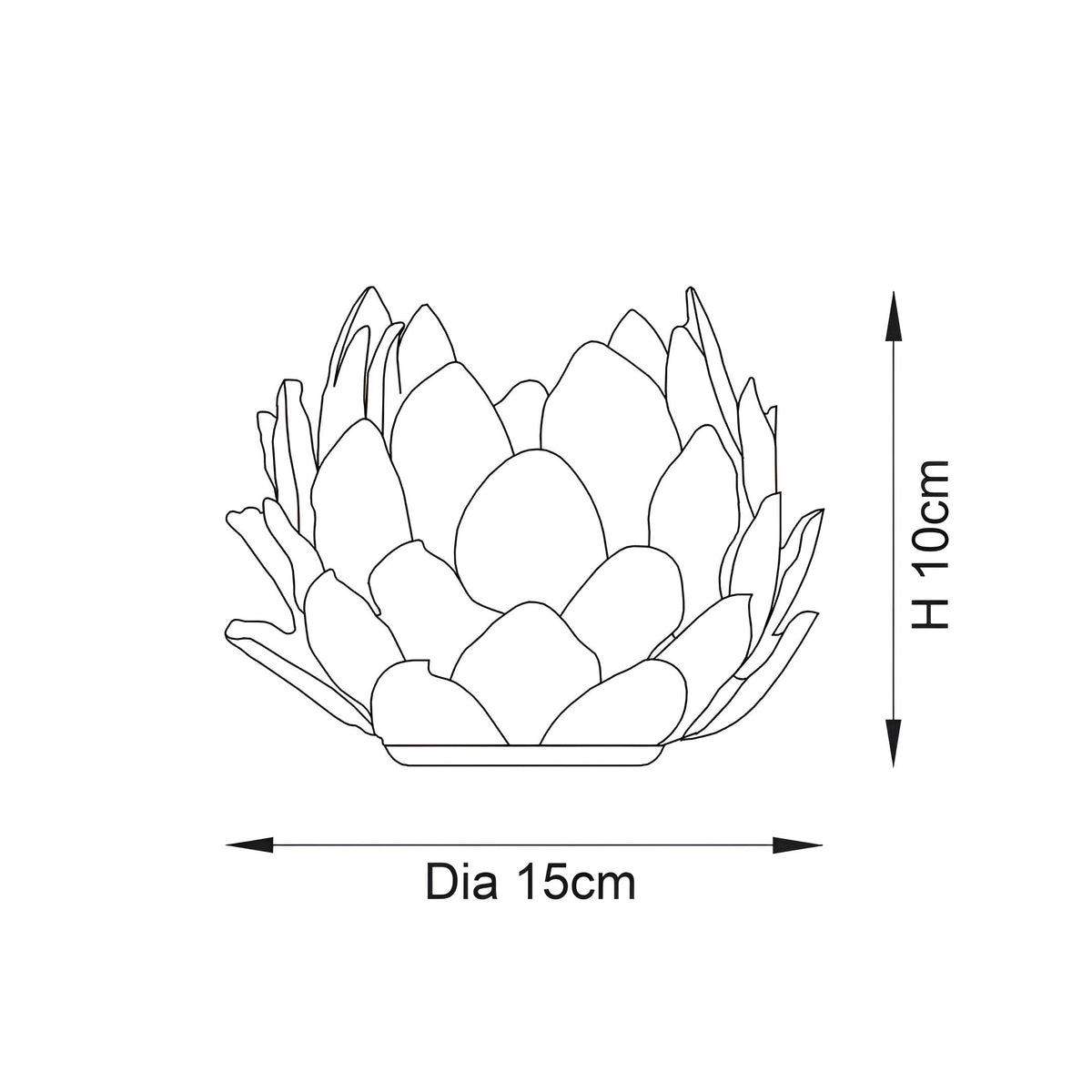 Line drawing of the Aldgrove Table Lamp base, artichoke-shaped ceramic design, showing H 10cm height and Dia 15cm diameter dimensions.