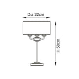 Dimensions diagram of the Endon Brenley 3 Light Table Lamp showing 32cm shade diameter and 50cm height on a white background.