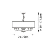 Technical line drawing of the Endon Brenley 8 Light Pendant showing 70cm diameter and adjustable height of 55–174.5cm on a plain background.