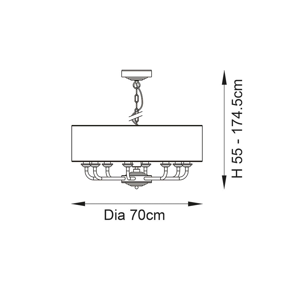 Endon Brenley 8 light pendant dimension diagram showing 70cm diameter and adjustable 55–174.5cm height with chain suspension and drum shade.