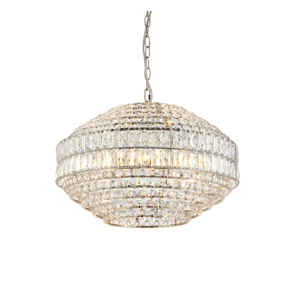 Endon Aldton 5 light pendant in polished nickel with tiered faceted crystal cluster, suspended from a chain on a plain white background.