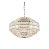 Endon Aldton 5 light pendant in polished nickel with tiered faceted crystal cluster, suspended from a chain on a plain white background.