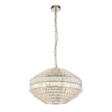 Endon Aldton 5 light pendant with tiered faceted crystal shade and polished nickel chain suspension, shown on a plain white background.