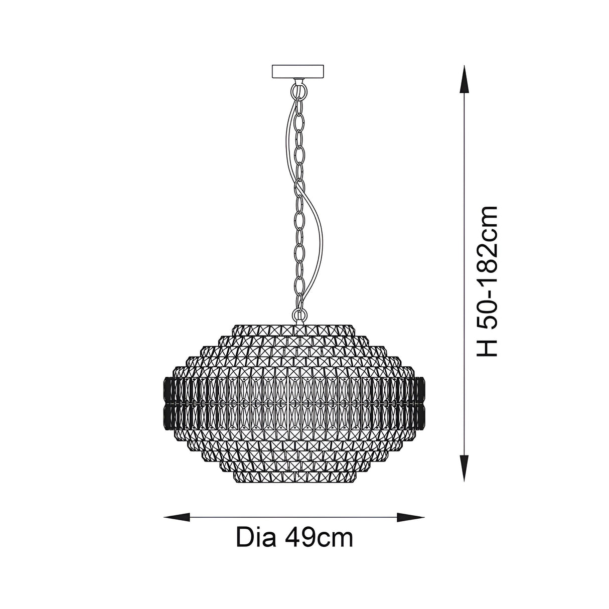 Endon Aldton 5 light crystal pendant dimension diagram showing 49cm diameter and 50-182cm adjustable height on a plain white background.