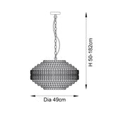 Endon Aldton 5 light crystal pendant dimension diagram showing 49cm diameter and 50-182cm adjustable height on a plain white background.