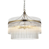 Endon Beaumont 5 Light Pendant in brass with two tiers of clear glass rods around a circular frame, suspended from a chain against a white background.