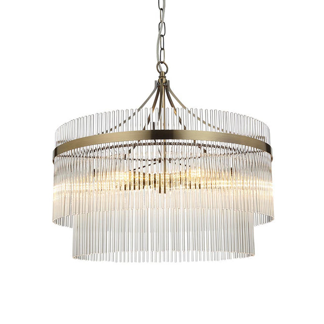 Endon Beaumont 5 Light Pendant in brass with two tiers of clear glass rods around a circular frame, suspended from a chain against a white background.