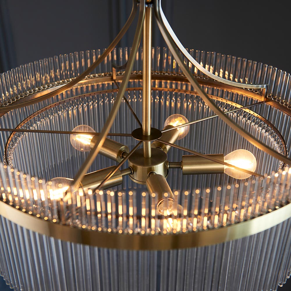 Close-up of Endon Beaumont 5 Light Pendant in brass, showing the central fitting with five E14 lamp holders framed by clear glass rods.