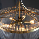 Close-up of Endon Beaumont 5 Light Pendant in brass, showing the central fitting with five E14 lamp holders framed by clear glass rods.