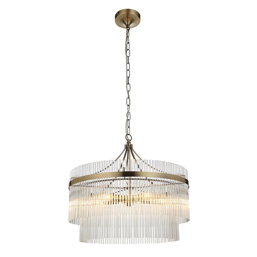 Endon Beaumont 5 Light Pendant in brass with two-tier clear glass rod shades, chain suspension and ceiling rose, shown on a plain white background.