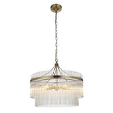Endon Beaumont 5 Light Pendant in brass with two-tier clear glass rod shades, chain suspension and ceiling rose, shown on a plain white background.