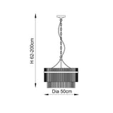 Endon Beaumont 5 light pendant technical drawing showing 50cm diameter and adjustable 62-200cm height on a plain white background.