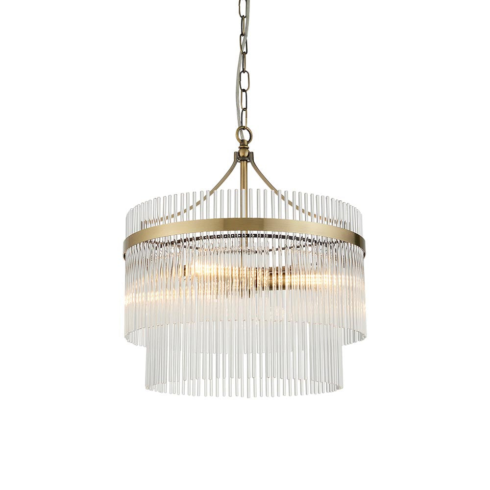 Endon Beaumont 3 Light Pendant in brass with two tiers of clear glass rods suspended from a chain, shown on a plain white background.