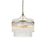 Endon Beaumont 3 Light Pendant in brass with two tiers of clear glass rods suspended from a chain, shown on a plain white background.
