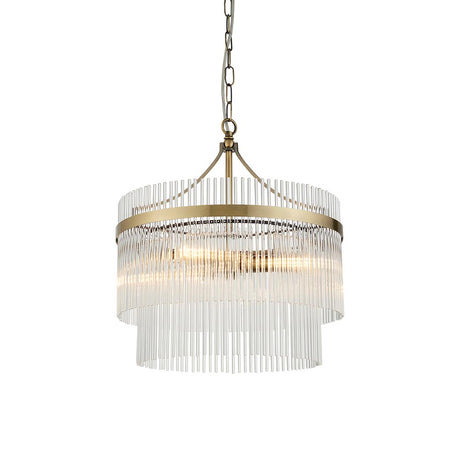 Endon Beaumont 3 Light Pendant in brass with two tiers of clear glass rods suspended from a chain, shown on a plain white background.