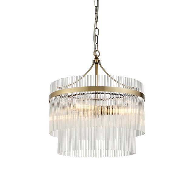 Endon Beaumont 3 Light Pendant in brass with two tiers of clear glass rods suspended from a chain, shown on a plain white background.